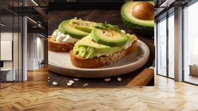 Toasted bread with with cream cheese and avocado on table. Delicious sandwich. Tasty snack. Wall mural