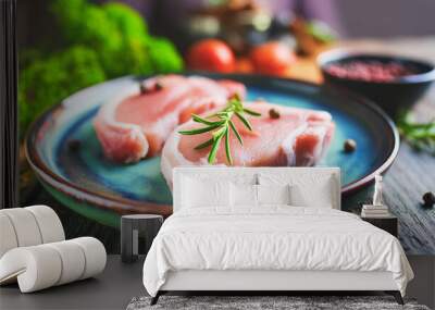 Uncooked steak. Raw fresh beef meat with spices for cooking barbecue. Tasty food. Organic product. Wall mural