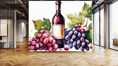 Watercolor illustration of glass bottle with red wine and fresh grapes. Wall mural