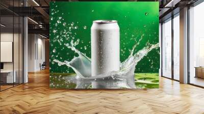 White aluminum can mockup with dynamic water splash. Drink package. Refreshing beverage. Green background. Wall mural