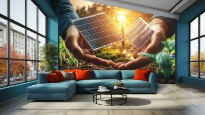 A man is holding two solar panels in his hands Wall mural