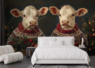 Two Christmas cows in cozy sweaters, each with a holiday basket Wall mural