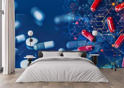 Red and white capsules floating in a digital matrix, symbolizing advancements in pharmaceutical technology
 Wall mural