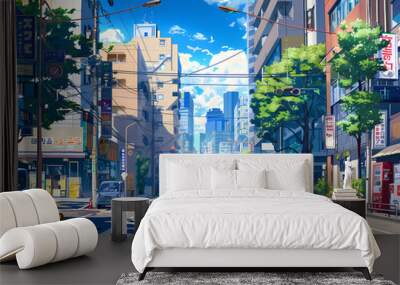 anime background illsutration, atmosphere of a empty street in the middle of a beautiful city Wall mural