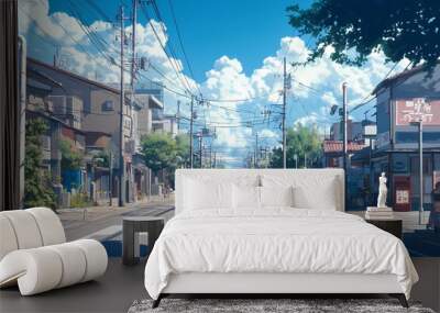 anime background illsutration, atmosphere of a empty street in the middle of a beautiful city Wall mural