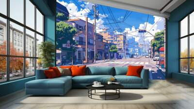 anime background illsutration, atmosphere of a empty street in the middle of a beautiful city Wall mural