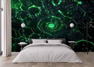 Glowing Green Hexagonal Techno Background with Digital Noise Wall mural