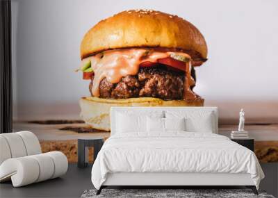 Classic burger with melting sauce on wooden board and white background Wall mural