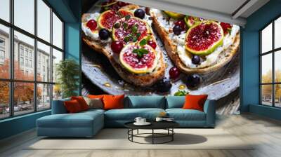 Toast spread with cream cheese, figs, currants and honey. Tasty and healthy brunch. Colourful scene. Wall mural