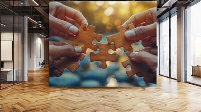 Close-up hands holding puzzle pieces representing collaboration for success in business or team work Wall mural