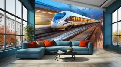 Beautiful photo of high speed modern commuter train, very impressive motion blur Wall mural