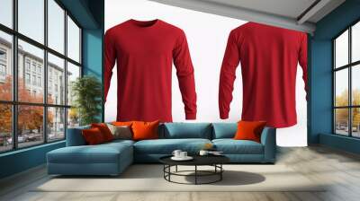 Blank red long sleeve t shirt front and back view on white background, design mockup for print, red tshirt mock up template, empty tshirt for design presentation Wall mural