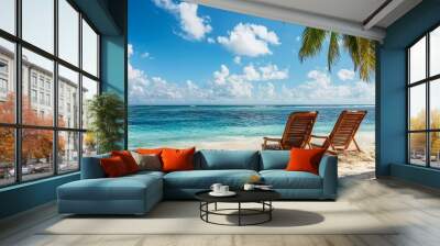 Chairs In Tropical Beach With Palm Trees On beautiful Coral Island Wall mural