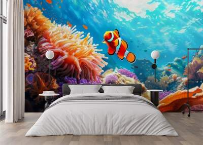 Cute anemone fish playing on the coral reef, beautiful colored clown fish on the coral reef, anemones on the tropical coral reef, which is very beautiful Wall mural