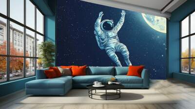 Dancing astronaut on the background of the moon and space. Nice vector illustration Wall mural