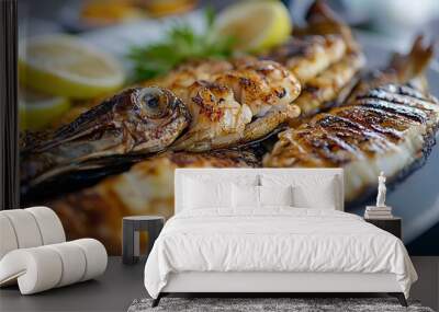 Delicious grilled seafood on plate Wall mural