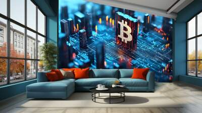 Digital cryptocurrency market Bitcoin blockchain token coin symbol graph rising trend concept, online network digital money currency technology computer code encryption, nice banner blue city backgrou Wall mural