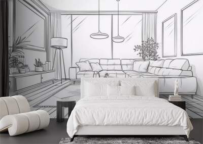 
Interior design with modern living room in black line sketch on white background, vector, very beautiful illustration Wall mural