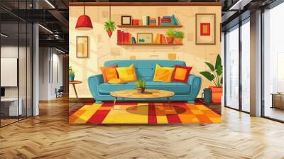 living room interior with furniture cartoon vector illustration Wall mural