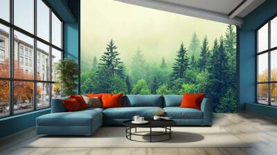 Misty landscape with fir forest in nice hipster vintage retro style Wall mural