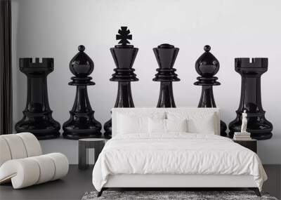 Nice 3d rendering of all six different chess pieces of black color standing in line Wall mural