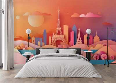 
Panoramic view of paris city skyline with world famous landmarks in paper cut style vector illustration Wall mural