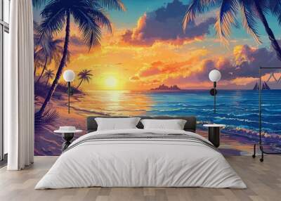 Tropical beach with palm trees and sea - summer resort at sunset which is very beautiful Wall mural