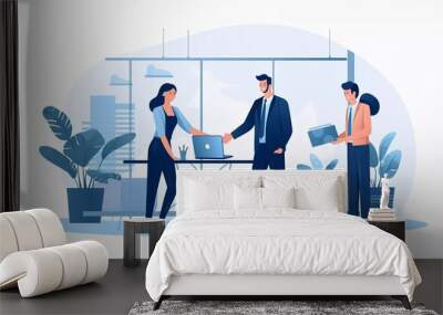 vector illustration office new client deal - team of people shaking hands sign of legal business Wall mural