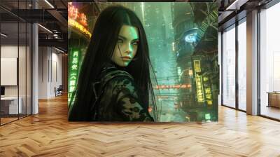 Concept of a sexy anime girl character in a modern cyberpunk city AI generated image Wall mural