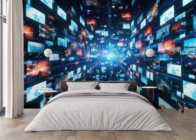 Information media social networking technology with hundreds of screens AI generated image Wall mural