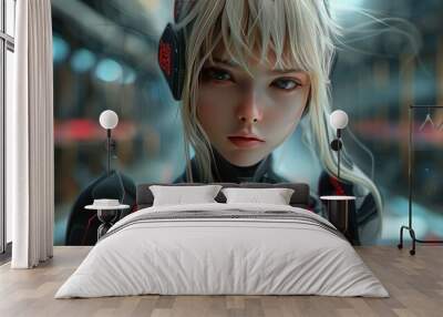 Long blonde hair cyborg anime girl character model future technology AI generated image Wall mural