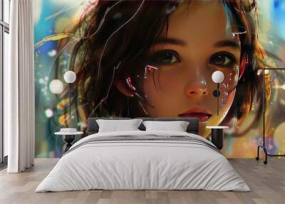 Modern 3d cyberpunk anime beautiful woman face character illustration AI generated image Wall mural