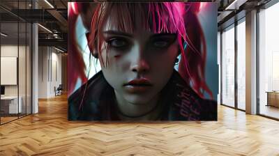 Modern 3d cyberpunk anime beautiful woman face character illustration AI generated image Wall mural