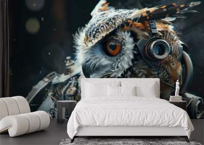 Owl bird cyborg predator style big eyes and sharp eyesight background wallpaper AI generated image Wall mural