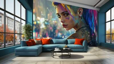 Punk style woman's face model with colorful hair with tattoo wallpaper AI generated image Wall mural