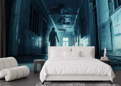 Spooky nurse woman ghost is walking in horror hospital building AI generated image Wall mural