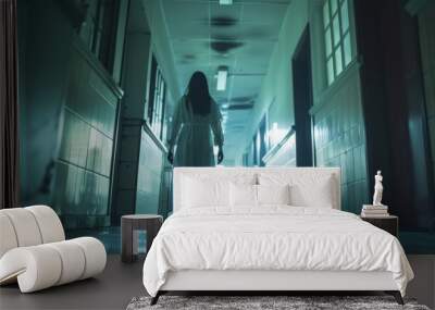 Spooky nurse woman ghost is walking in horror hospital building AI generated image Wall mural