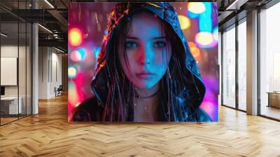 Woman Cyberpunk hood style character Metropolis Mysterious Background wallpaper AI generated image Wall mural