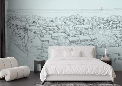 Ink line drawing a panoramic view of Orford in Suffolk England Wall mural