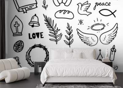 Christian doodles. Vector hand drawn illustrations about religion and church.  Line art religious illustrations.  Wall mural