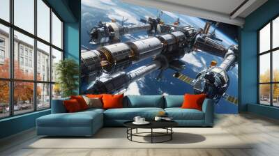 An advanced space station orbiting Earth with research facilities and living quarters. Wall mural