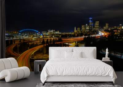 Light trails in and out of Seattle during the evening commute hour Wall mural