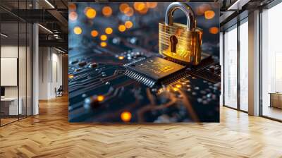 A Padlock on Digital Circuit Board for Cybersecurity Concept Wall mural