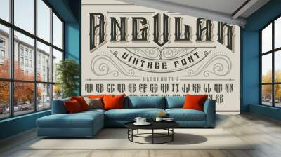 Angular display font with serifs and drop shadow in old style. Wall mural