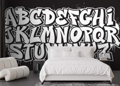 Black and white decorative font in graffiti style with spray effect. Ideal for pattern, fabric print, shops and many other uses  Wall mural