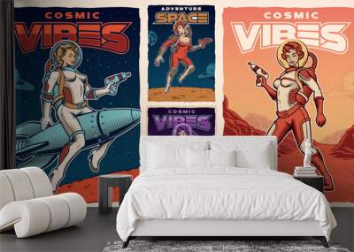 Set of vintage space posters with pin up astronaut girls, planets and space landscape Wall mural