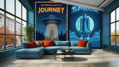 Set of vintage space posters with pin up girl astronaut, UFO, space rover, shuttle. This design can also be used as a t-shirt print.  Wall mural