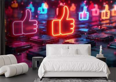 Neon Thumbs Up: A Digital World of Likes Wall mural