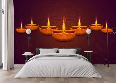 Beautiful happy diwali decorative oil lamp card background Wall mural