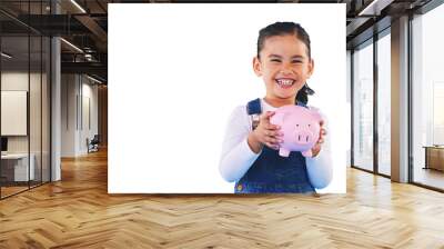 Child, smile and piggy bank for money, face and isolated on transparent png background. Happy female person, girl and security for future, investing and cash growth in container, coin and safety Wall mural